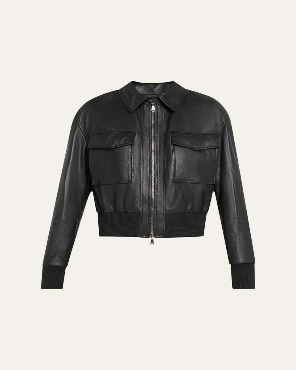 Monili-Neck Smooth Glove Leather Bomber Jacket